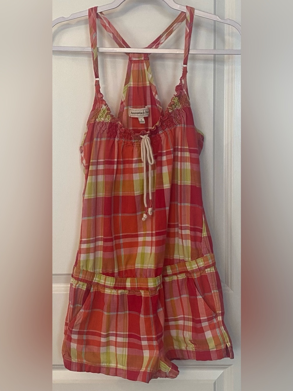 Abercrombie & Fitch Halter Romper Sz S Red/Pink Plaid Elastic Waist Tie Front